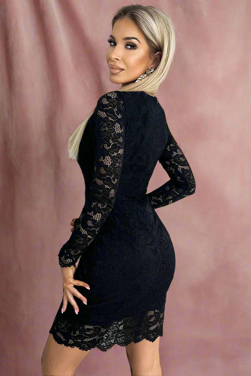 Annika Black Short Fitted All-over Lace Wedding or Bridesmaid Dress with Long Sheer Sleeves - back view by Orange Blossom Bridal