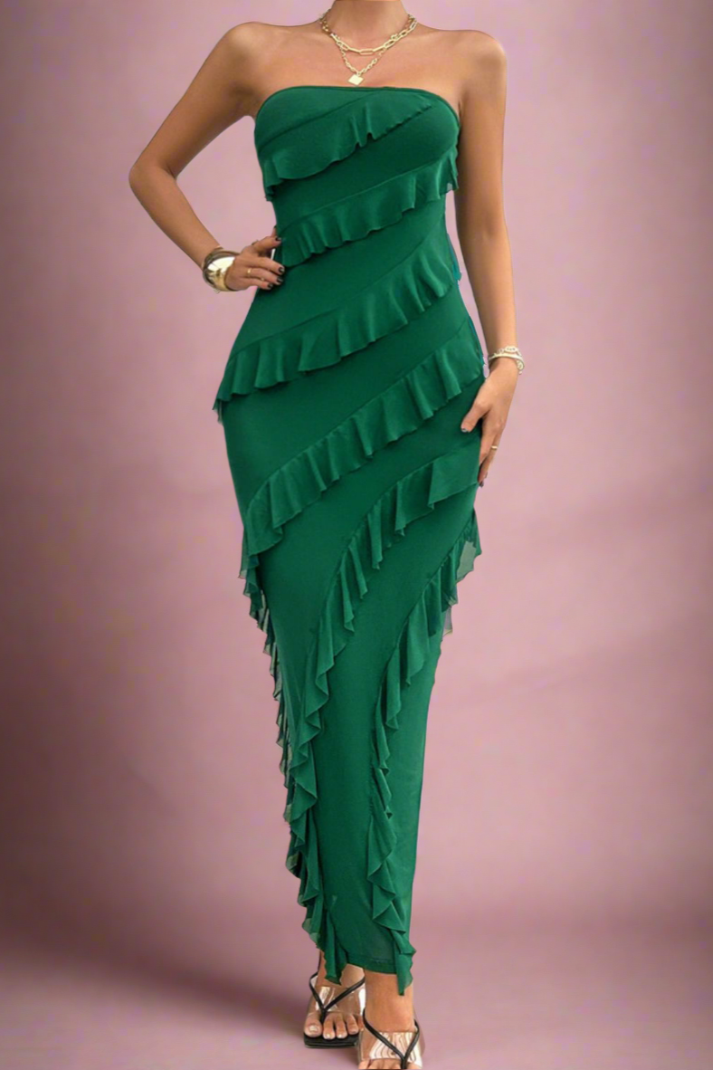 Bailey Emerald Green Asymmetric Romantic Ruffled Strapless Sheath Maxi Wedding, Bridesmaid or Prom Dress by Devine - Orange Blossom Bridal