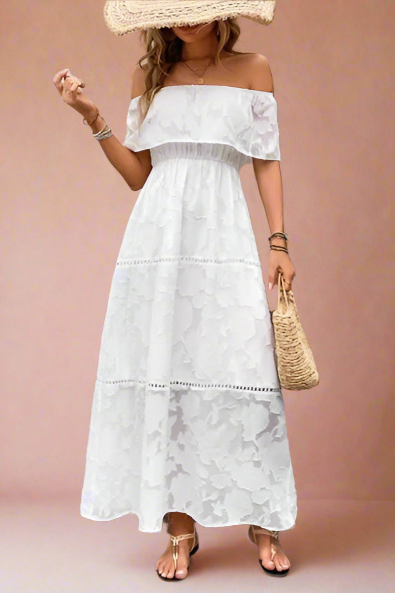 Abril White Off-the-shoulder Boho Maxi Wedding Dress with Floral Rose Pattern Burnout Fabric, Empire Waist and Prairie Skirt, including Crochet Lace Details - Orange Blossom Bridal