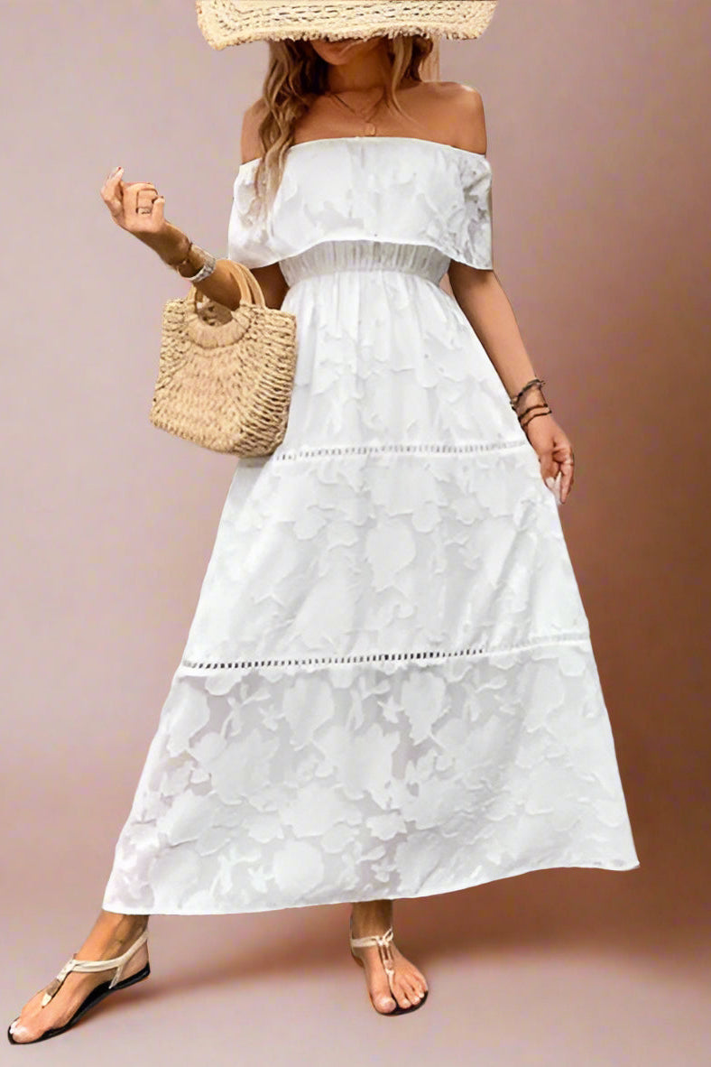 Abril White Off-the-shoulder Boho Maxi Wedding Dress with Floral Rose Pattern Burnout Fabric, Empire Waist and Prairie Skirt, including Crochet Lace Details - Orange Blossom Bridal