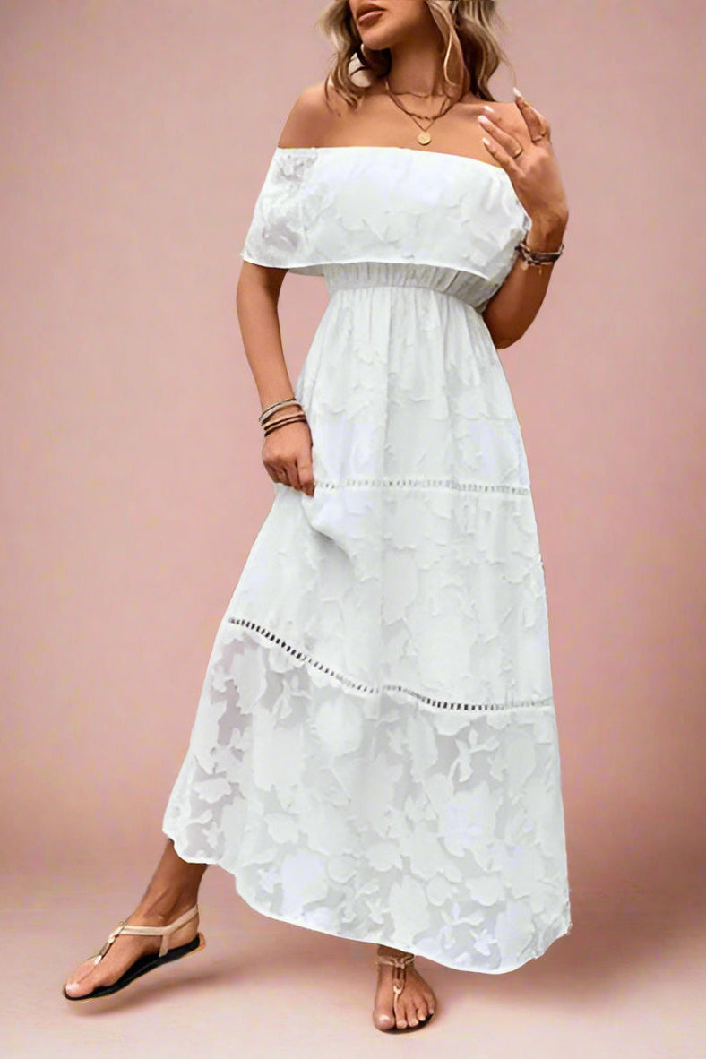 Abril White Off-the-shoulder Boho Maxi Wedding Dress with Floral Rose Pattern Burnout Fabric, Empire Waist and Prairie Skirt, including Crochet Lace Details - Orange Blossom Bridal