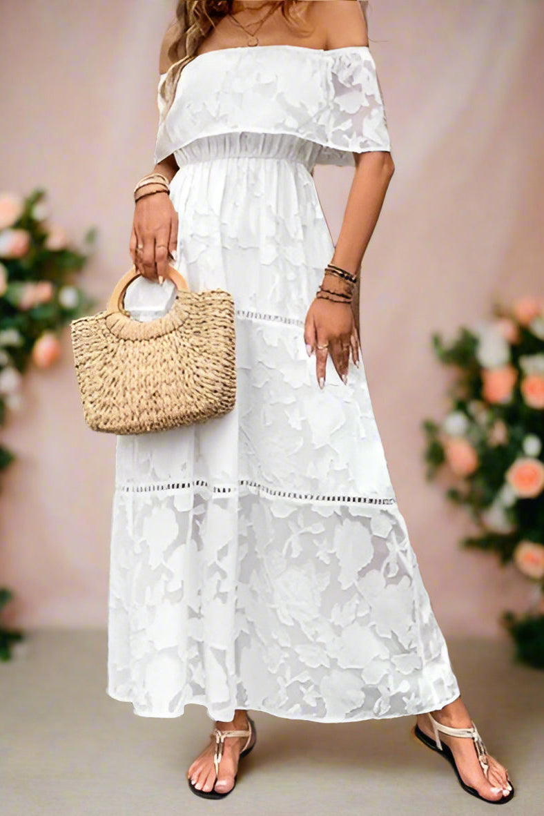 Abril White Off-the-shoulder Boho Maxi Wedding Dress with Floral Rose Pattern Burnout Fabric, Empire Waist and Prairie Skirt, including Crochet Lace Details - Orange Blossom Bridal