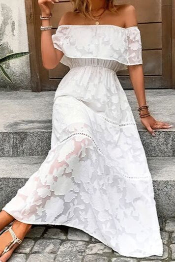 Abril White Off-the-shoulder Boho Maxi Wedding Dress with Floral Rose Pattern Burnout Fabric, Empire Waist and Prairie Skirt, including Crochet Lace Details - Orange Blossom Bridal