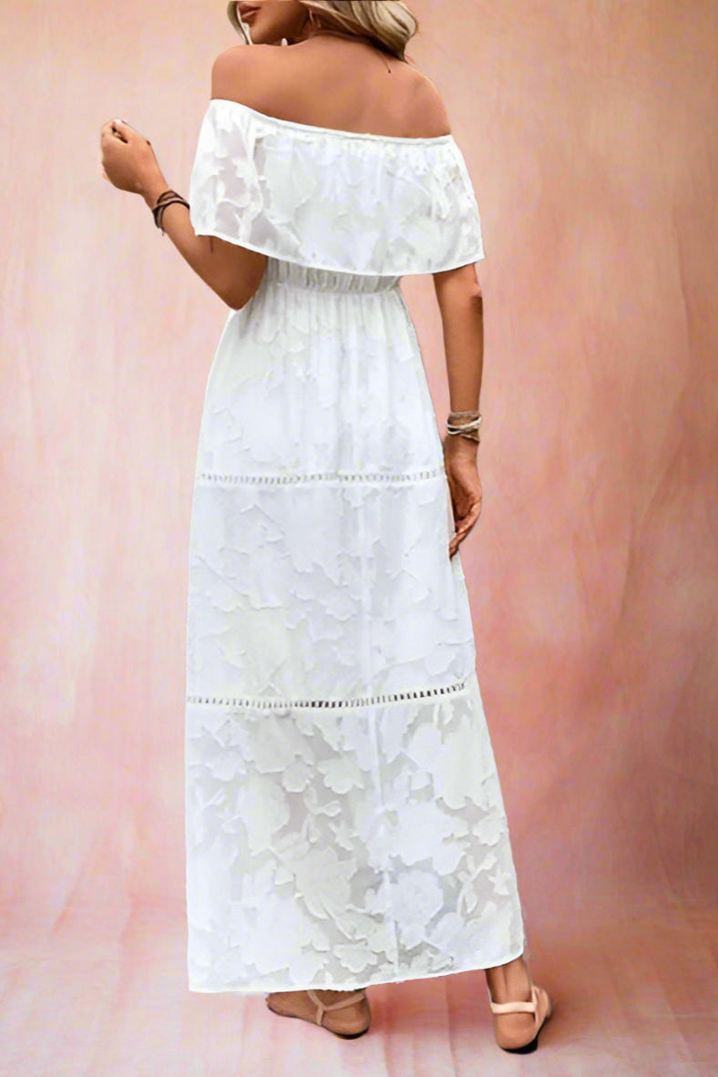 Abril White Off-the-shoulder Boho Maxi Wedding Dress with Floral Rose Pattern Burnout Fabric, Empire Waist and Prairie Skirt, including Crochet Lace Details- back view by Orange Blossom Bridal
