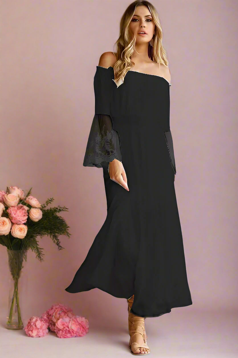 Aeronwen Black Boho Off-the-shoulder Maxi Lace Bell Sleeve Wedding Dress - Orange Blossom Bridal