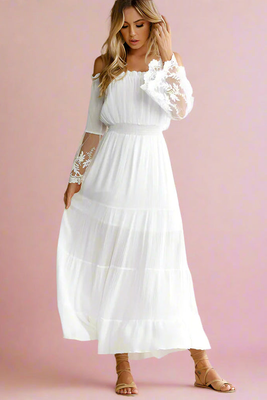 Aeronwen White Boho Off-the-shoulder Maxi Lace Bell Sleeve Wedding Dress - Orange Blossom Bridal