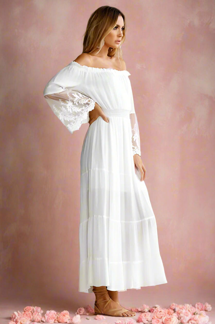 Aeronwen White Boho Off-the-shoulder Maxi Lace Bell Sleeve Wedding Dress - Orange Blossom Bridal