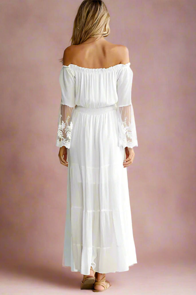 Aeronwen Boho Off-the-shoulder Maxi Lace Bell Sleeve Wedding Dress - back view by Orange Blossom Bridal