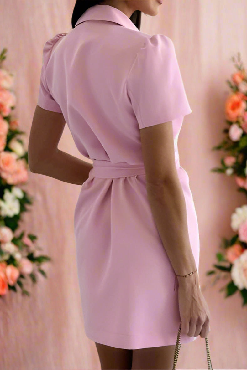Ahava Blush Short Sleeve Tie Waist Tailored Classic Mini Blazer Bridal Dress with Pearl Buttons- back view by Orange Blossom Bridal