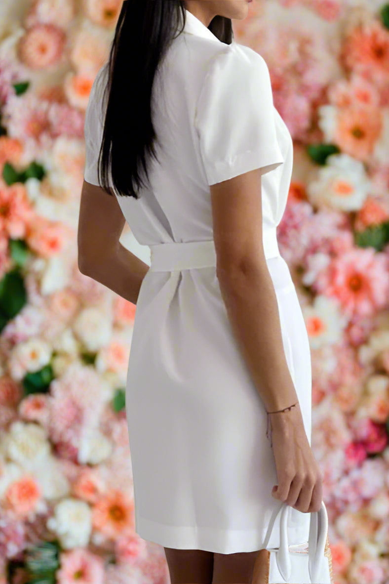 Ahava White Short Sleeve Tie Waist Tailored Classic Mini Wedding Dress with Pearl Buttons- back view by Orange Blossom Bridal