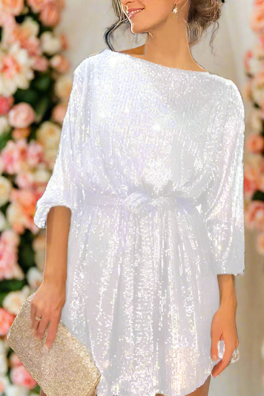 AJ White Sequin Embellished Tie Waist Long Sleeve Boat Neck Mini Wedding Dress - Orange Blossom Bridal