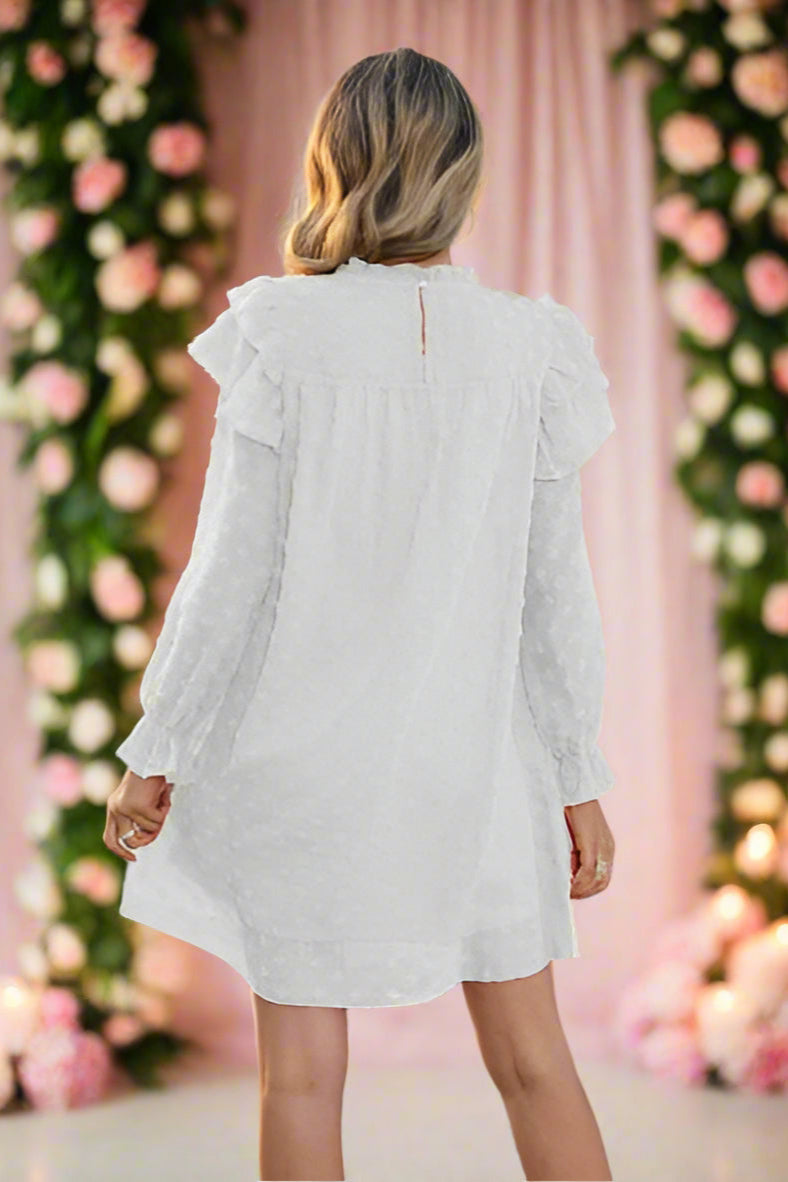 Alanis Ivory Swiss Dot Mock Neck Flounce Sleeve Mini Bridal Dress with Frills- back view by Orange Blossom Bridal