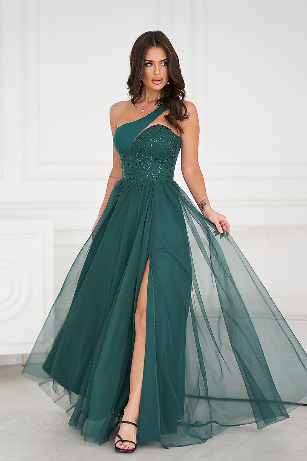 Alayna Full-length Emerald Green A-line Bridesmaid, Prom, or Evening Gown with Asymmetric Sequined Corset Top and Tulle Skirt - Orange Blossom Bridal