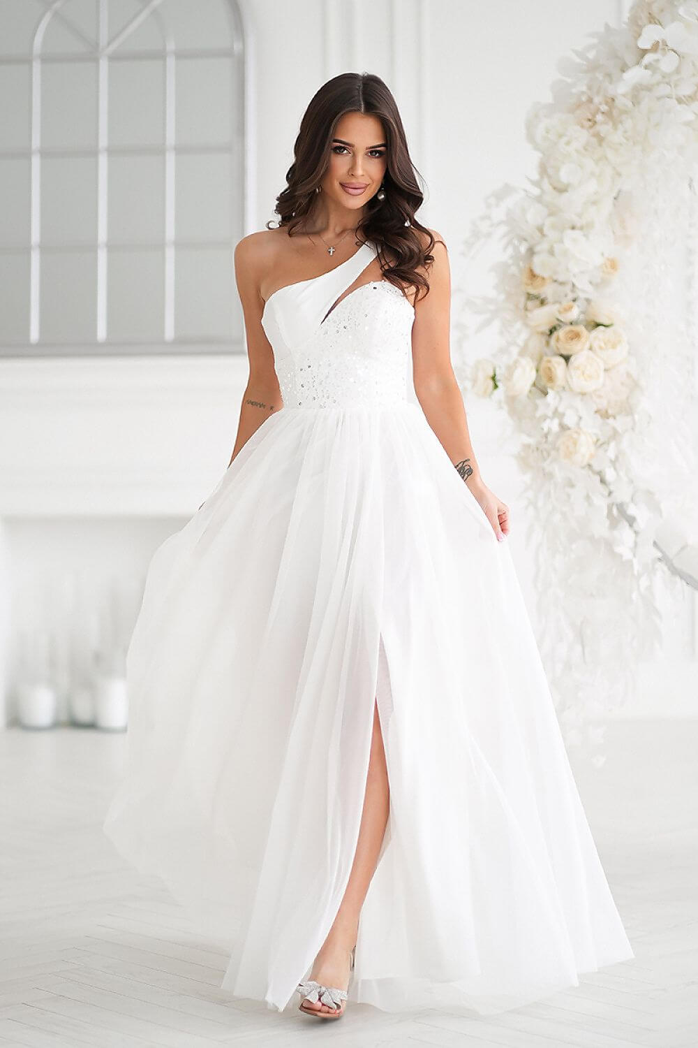 Alayna Full-length Ivory A-line Wedding Gown with Asymmetric Sequined Corset Top and Tulle Skirt - Orange Blossom Bridal
