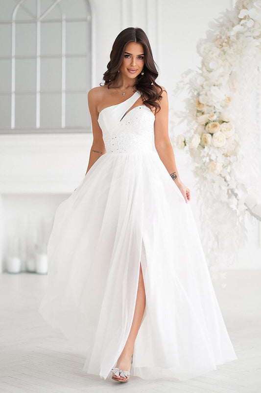Alayna Full-length Ivory A-line Wedding Gown with Asymmetric Sequined Corset Top and Tulle Skirt - Orange Blossom Bridal