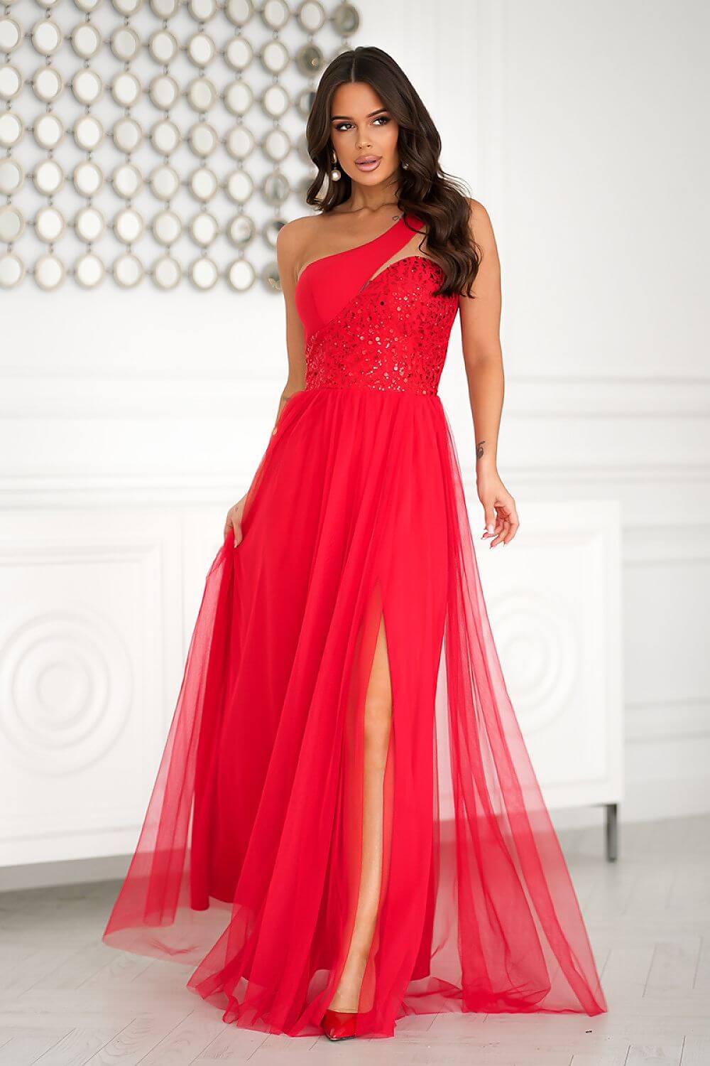 Alayna Full-length bright red A-line wedding gown or prom dress with Asymmetric Sequined Corset Top and Tulle Skirt - Orange Blossom Bridal