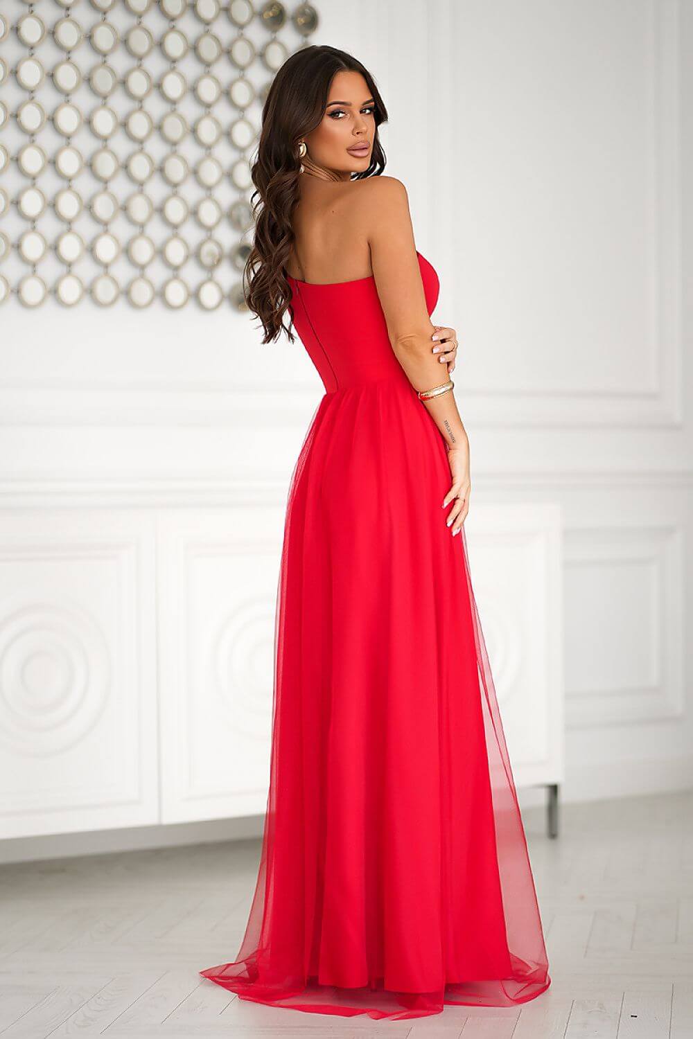 Alayna Full-length bright red A-line wedding gown or prom dress with Asymmetric Sequined Corset Top and Tulle Skirt- back view by Orange Blossom Bridal