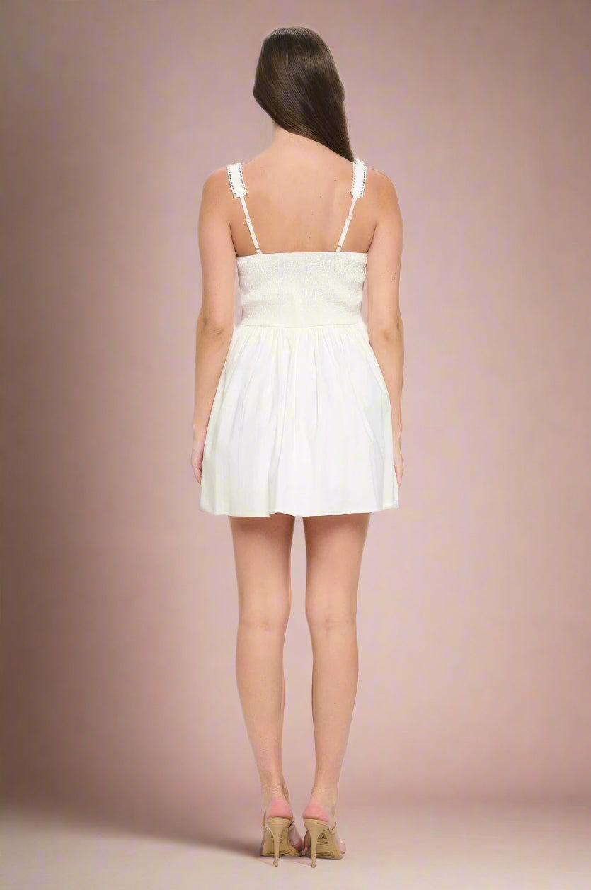 Alejandra Off White Mini Cotton Wedding Dress with Adjustable Cami Straps and Crochet Lace Details- back view by Orange Blossom Bridal