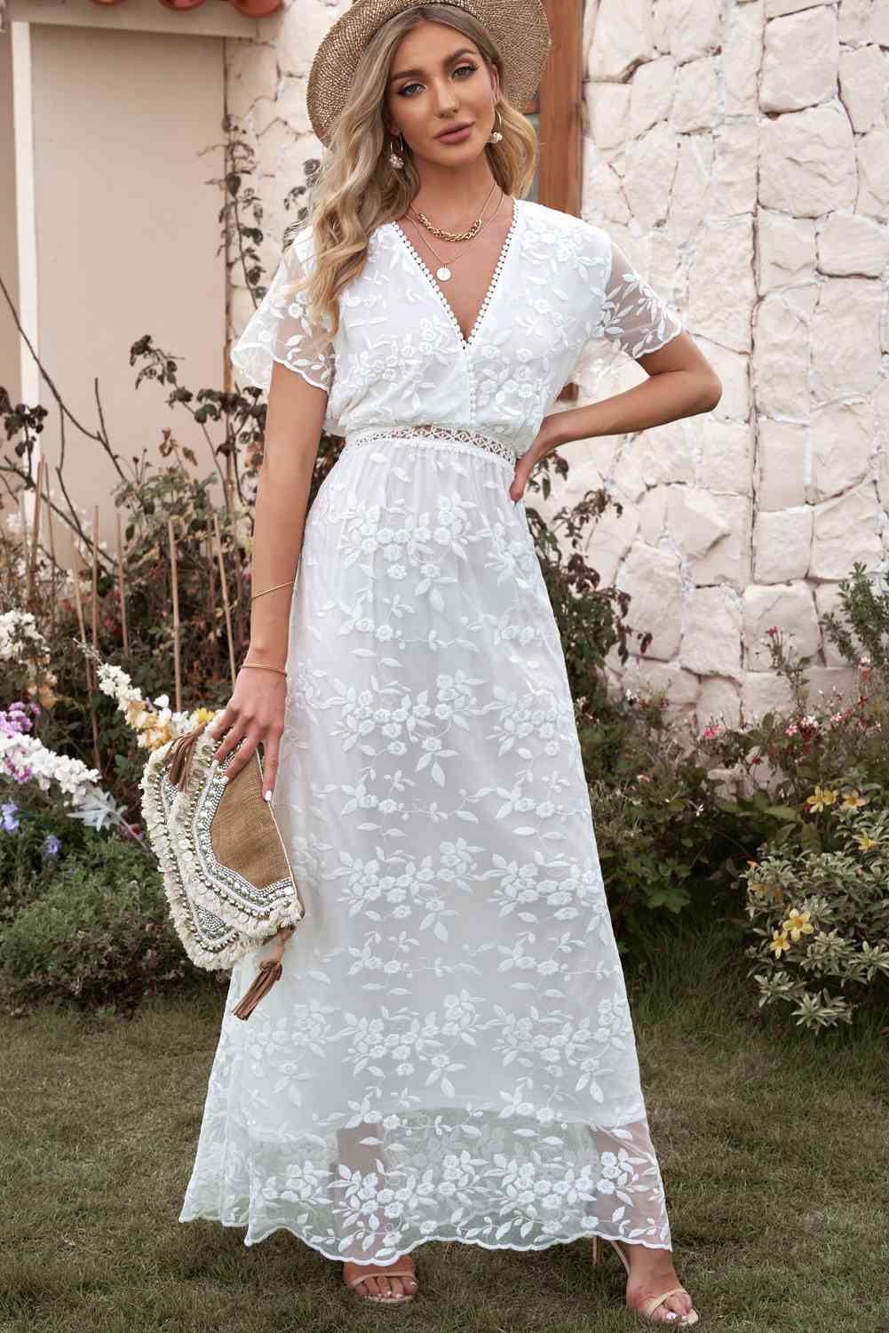 Ambrosia White Embroidered Floral Lace Crochet Detail A-line Wedding Dress with Flutter Sleeves and Surplice Neckline - Orange Blossom Bridal