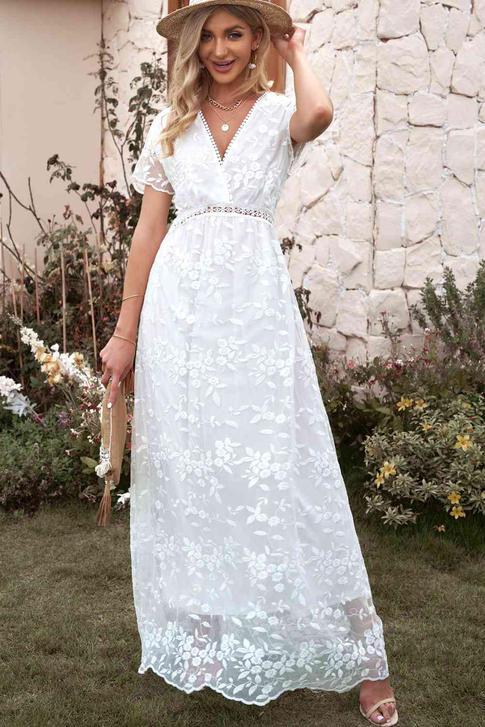 Ambrosia White Embroidered Floral Lace Crochet Detail A-line Wedding Dress with Flutter Sleeves and Surplice Neckline - Orange Blossom Bridal