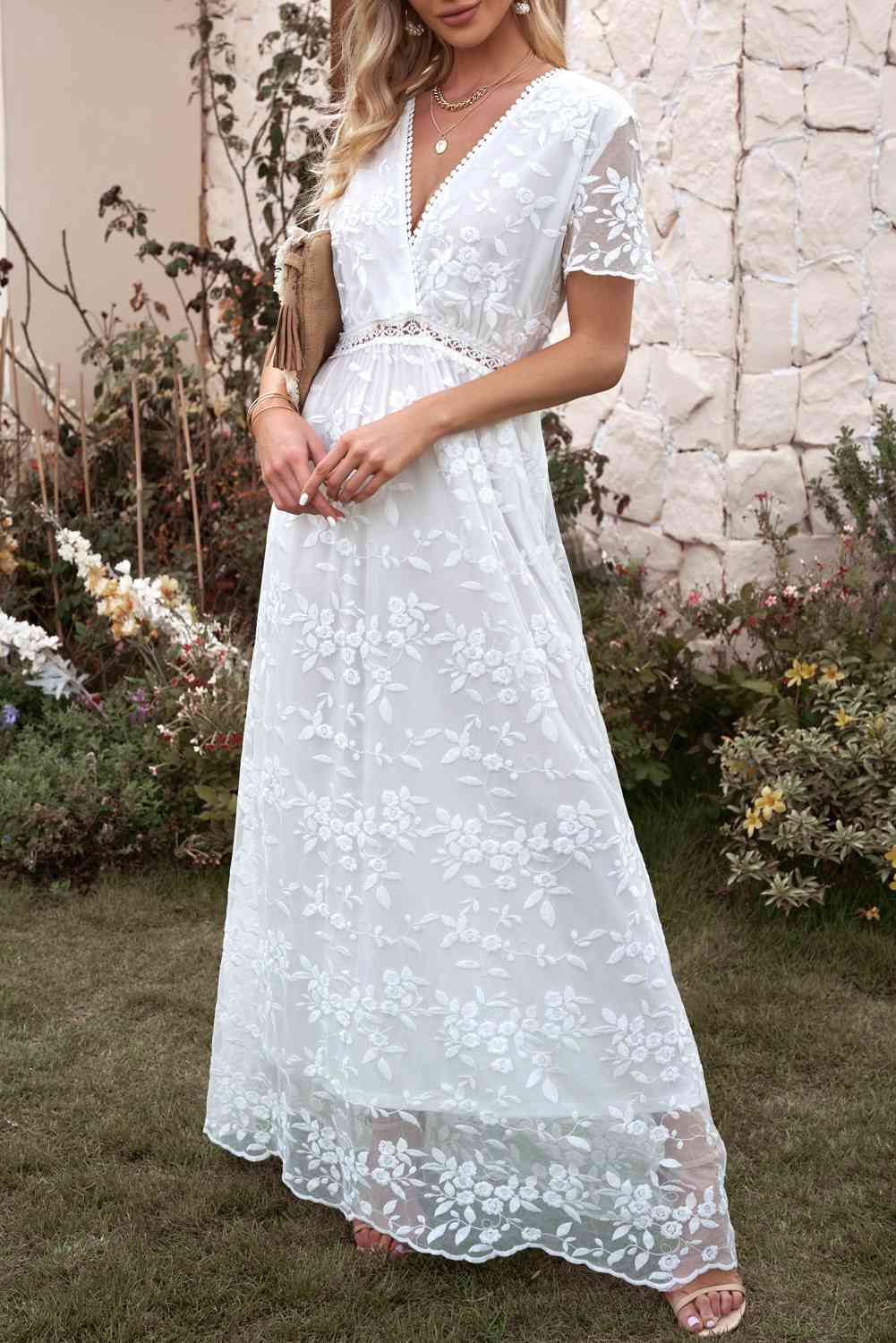 Ambrosia White Embroidered Floral Lace Crochet Detail A-line Wedding Dress with Flutter Sleeves and Surplice Neckline - Orange Blossom Bridal