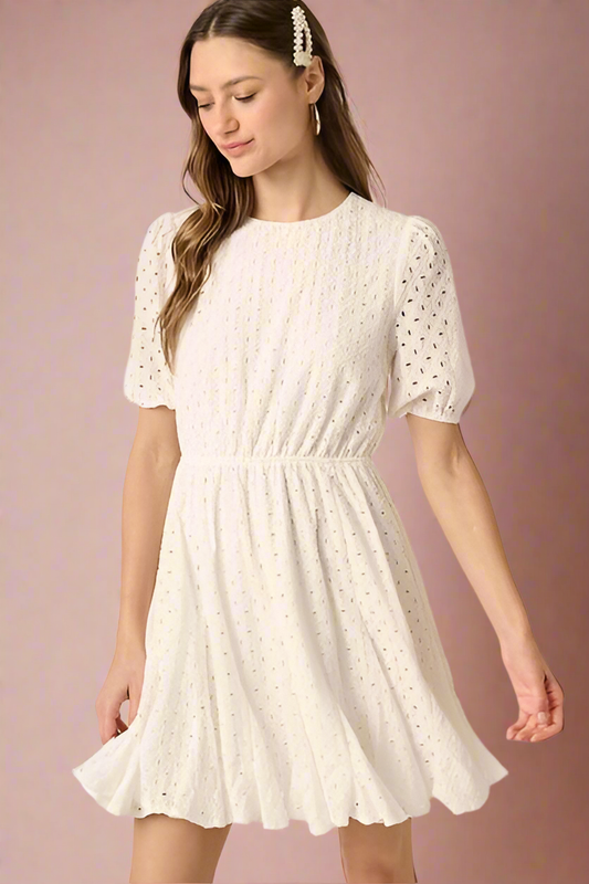 Amelia Ivory Cotton Eyelet Round Neck Puff Sleeve Mini Wedding Dress by Mittoshop - Orange Blossom Bridal
