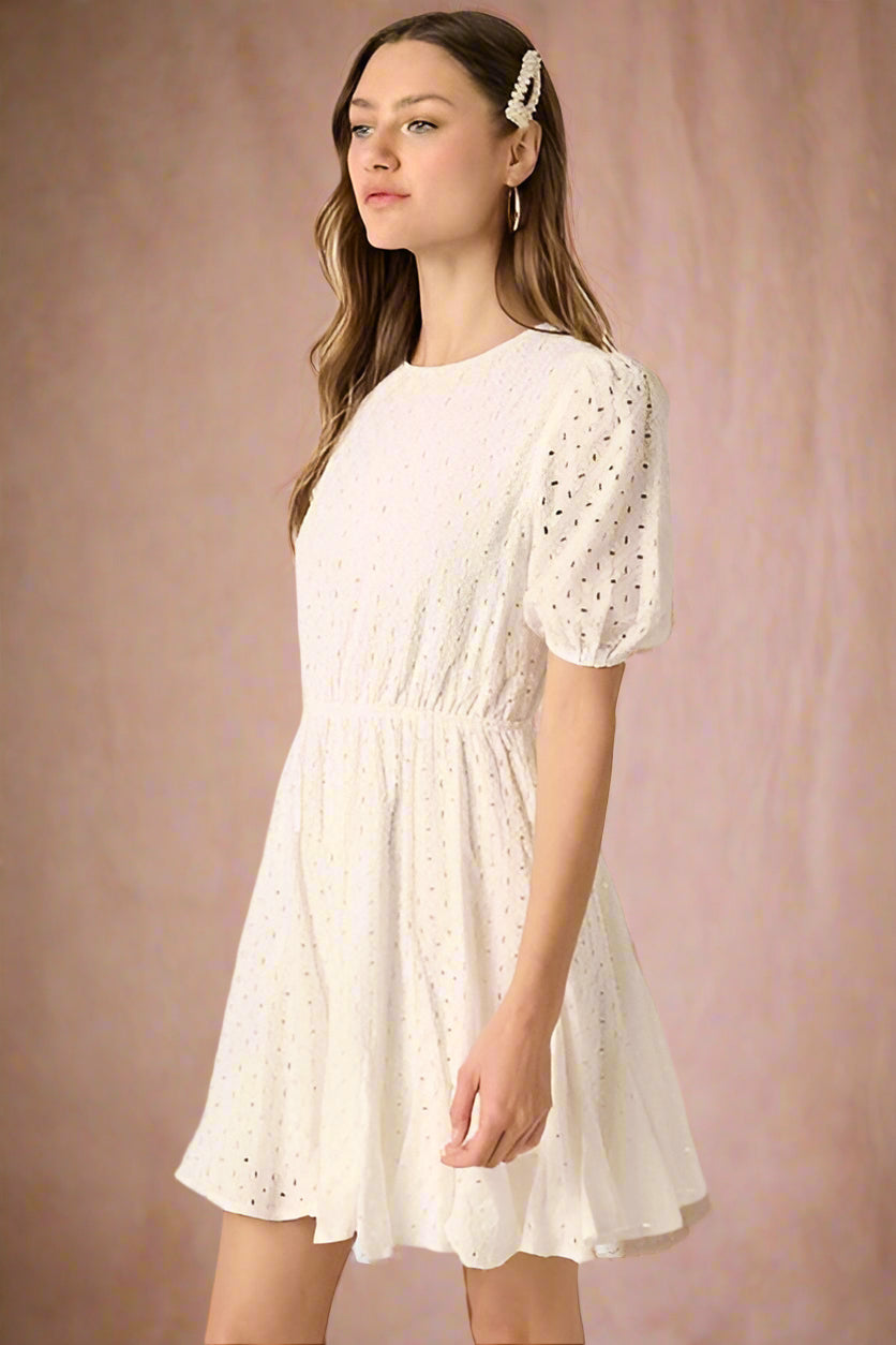 Amelia Ivory Cotton Eyelet Round Neck Puff Sleeve Mini Wedding Dress by Mittoshop - Orange Blossom Bridal