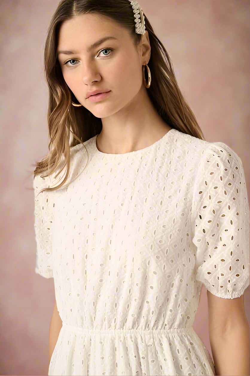 Amelia Ivory Cotton Eyelet Round Neck Puff Sleeve Mini Wedding Dress by Mittoshop - close up shot