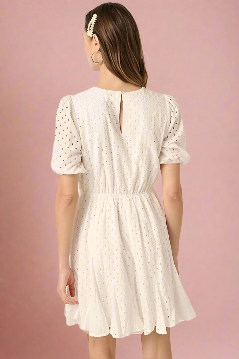 Amelia Ivory Cotton Eyelet Round Neck Puff Sleeve Mini Wedding Dress by Mittoshop - back view by Orange Blossom Bridal