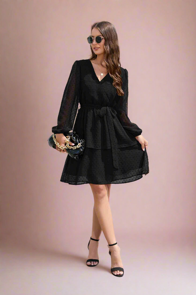 Amy Black Knee-length Faux Wrap Bridal Dress with Long Balloon Sleeves with Surplice Neckline Tiered Skirt Tied Waist and Swiss Dot Fabric - Orange Blossom Bridal