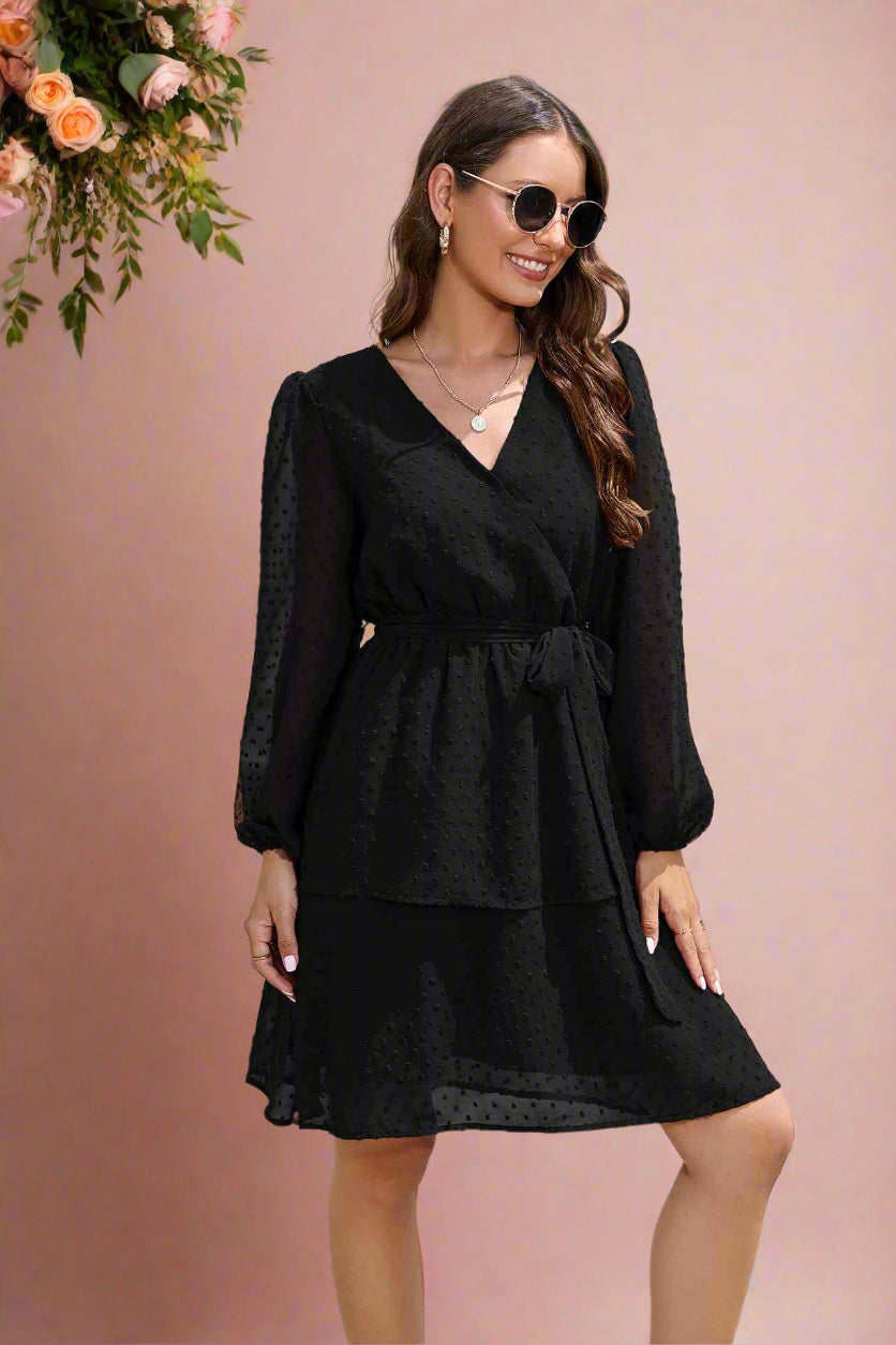 Amy Black Knee-length Faux Wrap Bridal Dress with Long Balloon Sleeves with Surplice Neckline Tiered Skirt Tied Waist and Swiss Dot Fabric - Orange Blossom Bridal