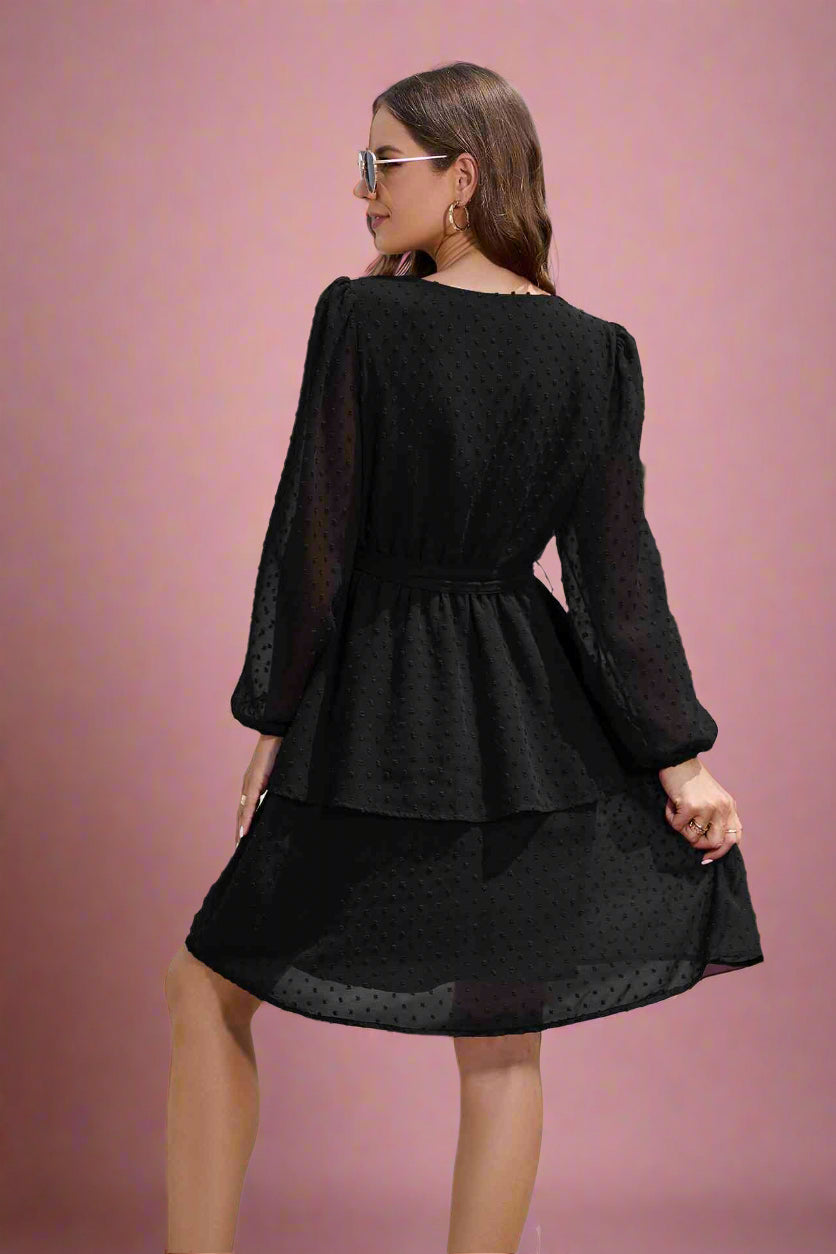 Amy Black Knee-length Faux Wrap Bridal Dress with Long Balloon Sleeves with Tiered Skirt and Swiss Dot Fabric- back view by Orange Blossom Bridal