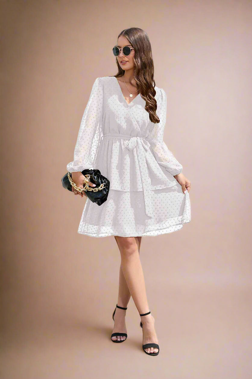 Amy White Knee-length Faux Wrap Wedding Dress with Long Balloon Sleeves with Surplice Neckline Tiered Skirt Tied Waist and Swiss Dot Fabric - Orange Blossom Bridal