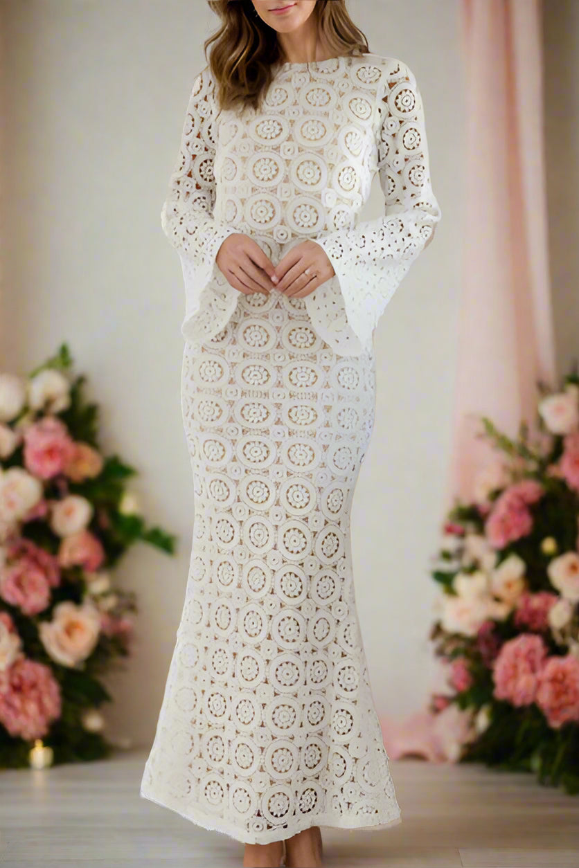 Anahera White All-over Lace Trumpet Silhouette Boho Maxi Wedding Dress with Long Bell Sleeves and Boat Neck - Orange Blossom Bridal