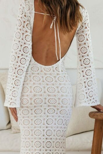 Anahera White All-over Lace Trumpet Silhouette Boho Wedding Dress with Long Bell Sleeves and Dramatic Open Back with Tie Detail- back view by Orange Blossom Bridal