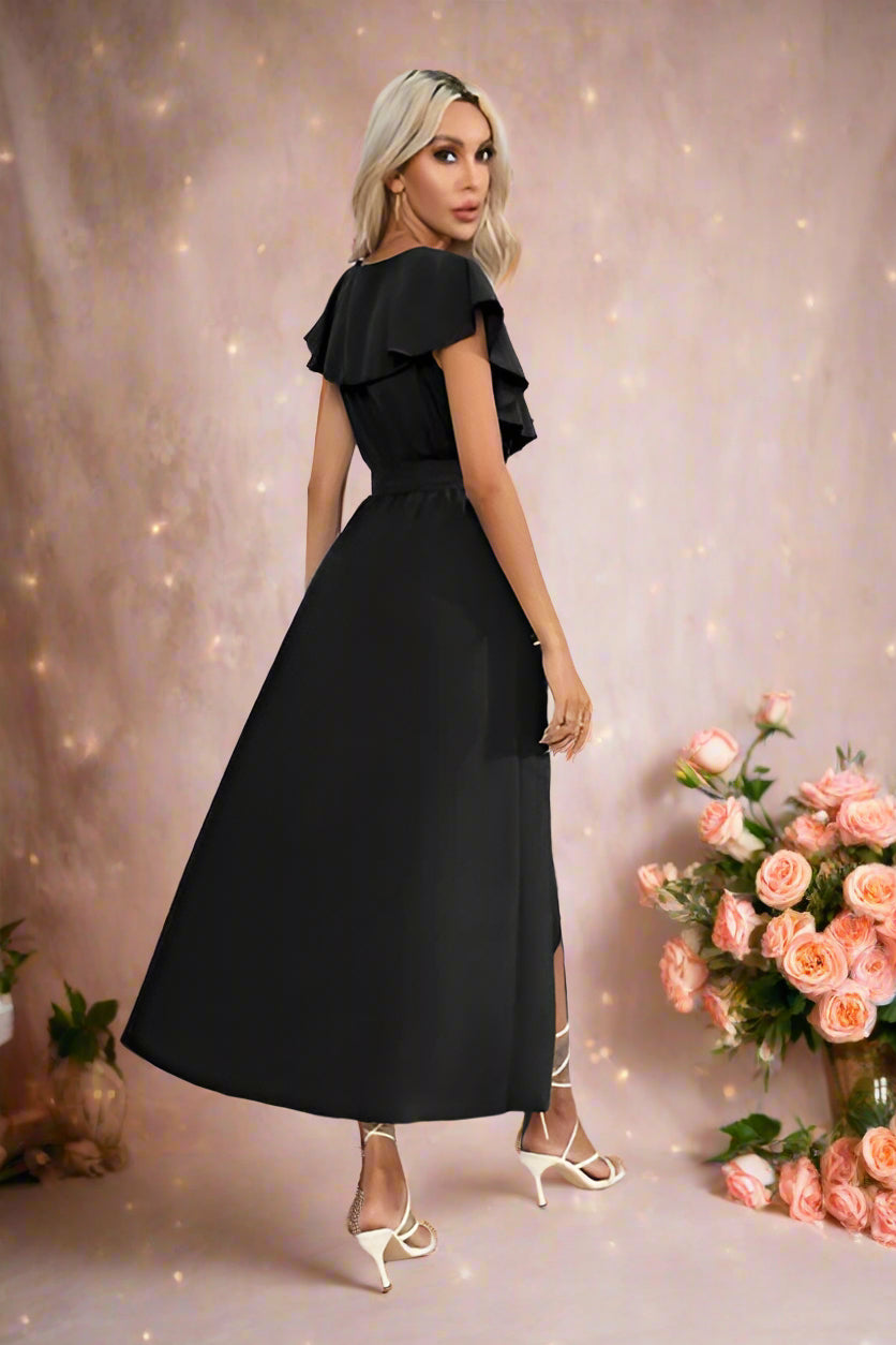 Anatolia Black Tie Wrap Easy Care Midi Ankle-length Bridal or Bridesmaid Dress with Surplice Neckline, Large Romantic Ruffles, and Flutter Sleeves. High-Low Hemline and Split Skirt - Orange Blossom Bridal