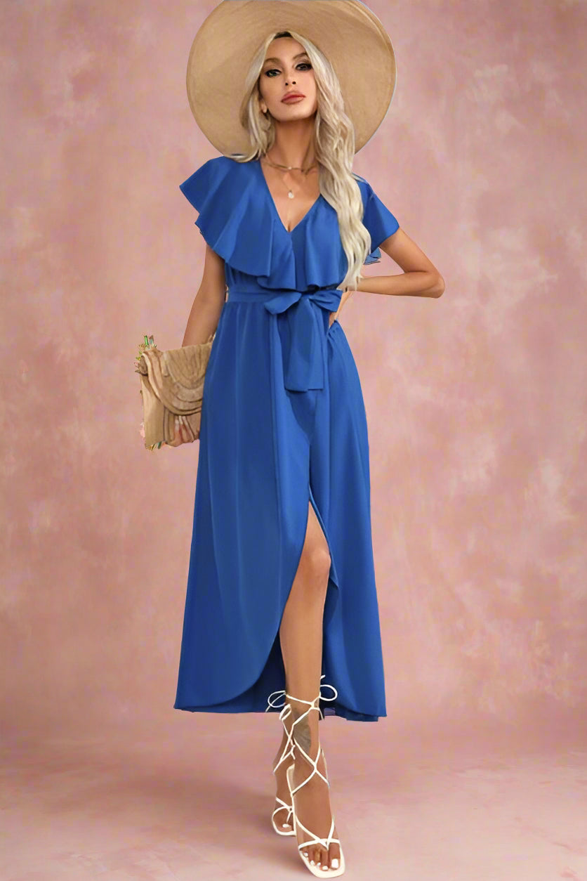 Anatolia Royal Blue Tie Wrap Easy Care Midi Ankle-length Bridal Dress with Surplice Neckline, Large Romantic Ruffles, and Flutter Sleeves. High-Low Hemline and Split Skirt - Orange Blossom Bridal