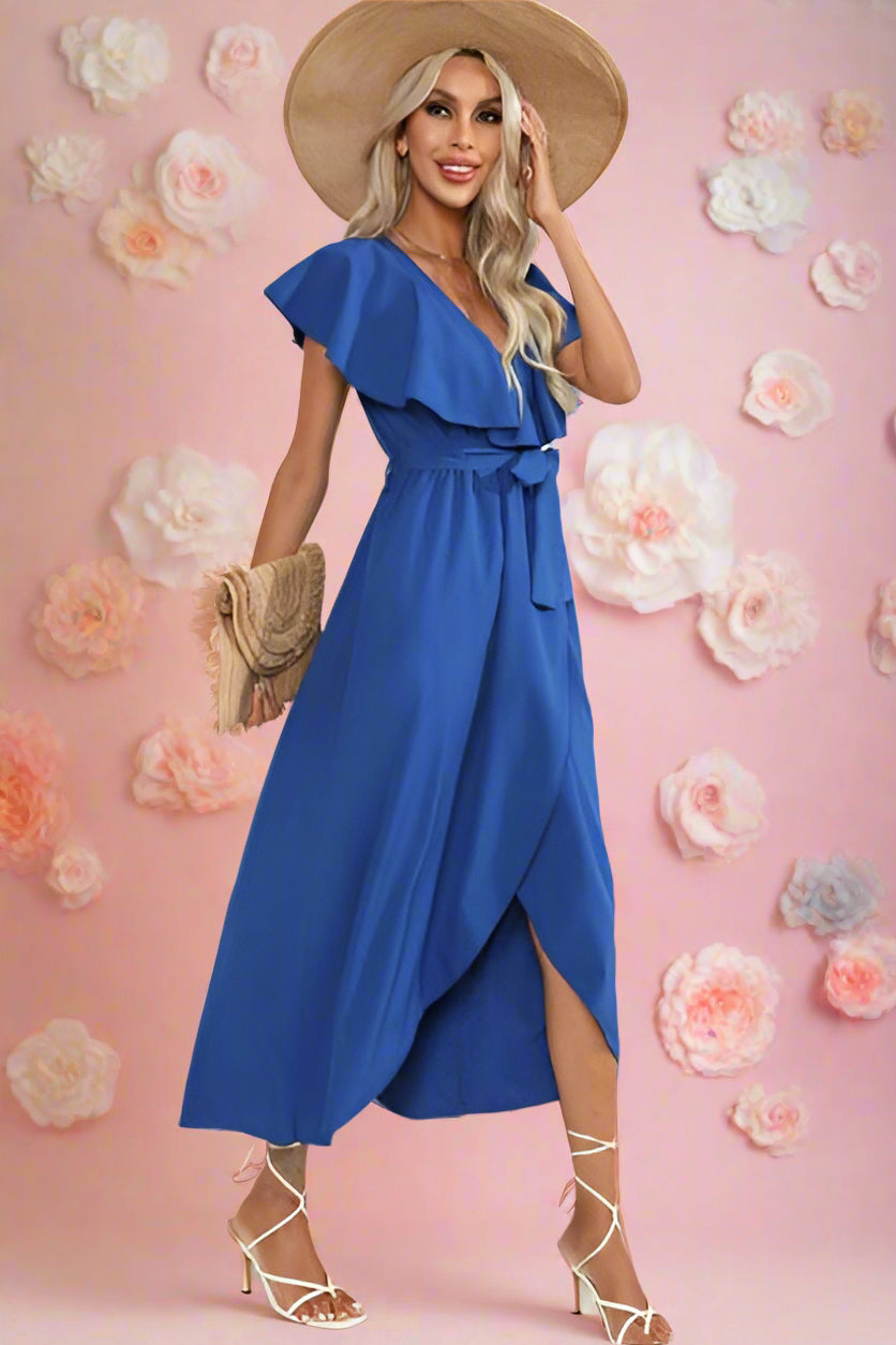 Anatolia Royal Blue Tie Wrap Easy Care Midi Ankle-length Bridal Dress with Surplice Neckline, Large Romantic Ruffles, and Flutter Sleeves. High-Low Hemline and Split Skirt - Orange Blossom Bridal