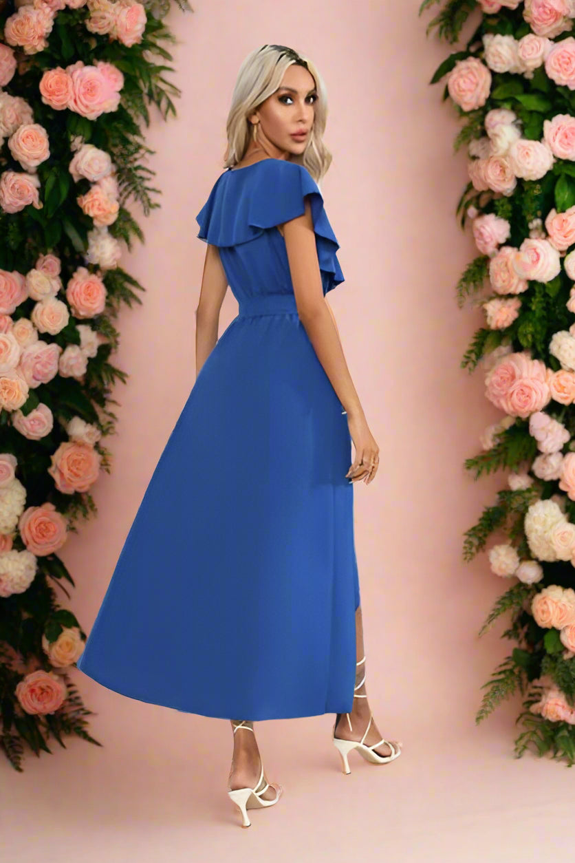Anatolia Royal Blue Tie Wrap Easy Care Midi Ankle-length Bridal Dress with Surplice Neckline, Large Romantic Ruffles, and Flutter Sleeves. High-Low Hemline and Split Skirt - Orange Blossom Bridal