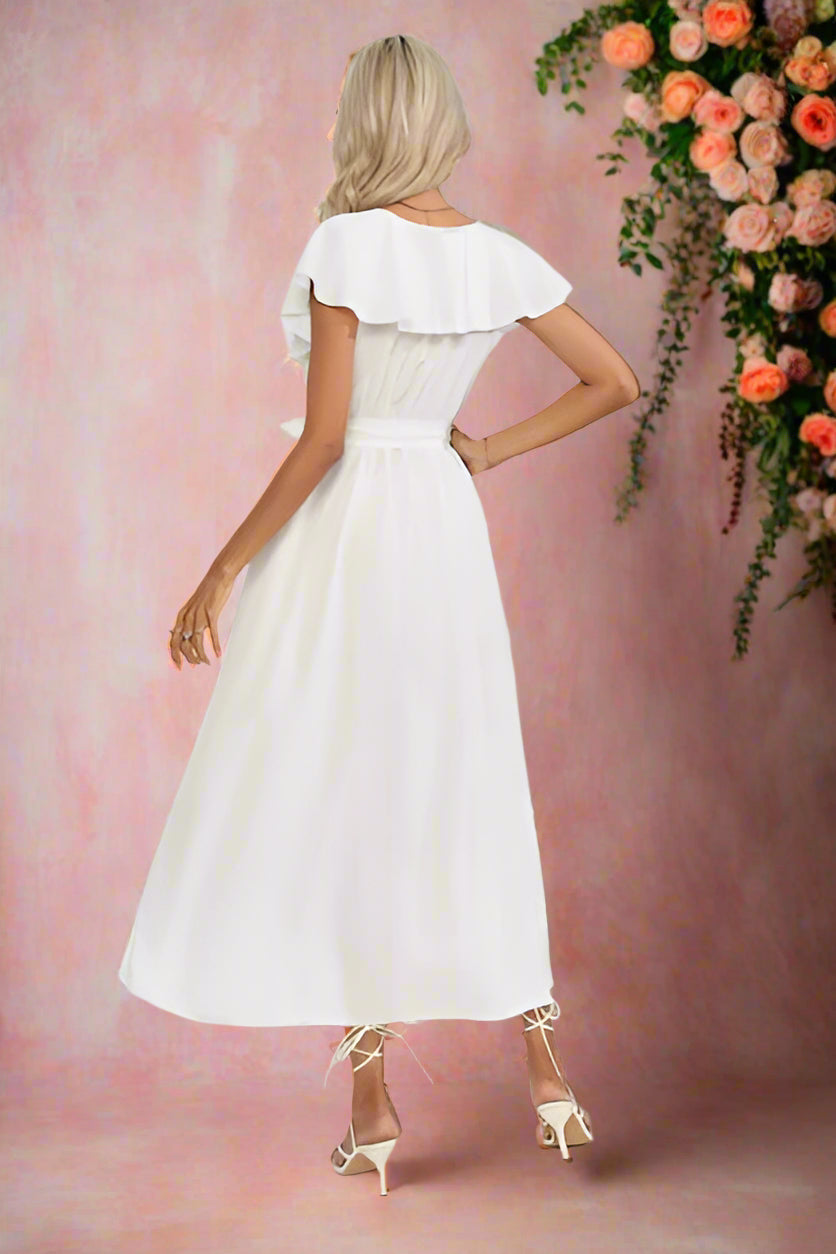 Anatolia White Tie Wrap Easy Care Midi Ankle-length Wedding Dress with  Large Romantic Ruffles and Flutter Sleeves. High-Low Hemline - Orange Blossom Bridal