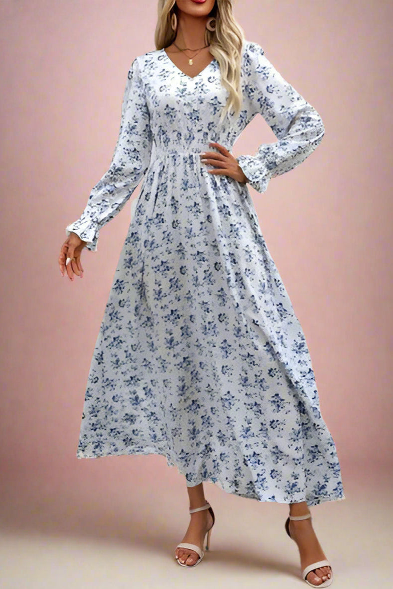 Anthea Blue and White Ditsy Rose Floral Print Bridal Tea-length Midi Dress with Long Bell Sleeves, Modest V-Neck, A-Line Silhouette, and Gathered Smocked Waist - Orange Blossom Bridal