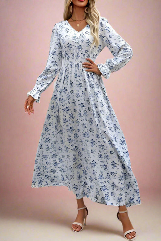 Anthea Blue and White Ditsy Rose Floral Print Bridal Tea-length Midi Dress with Long Bell Sleeves, Modest V-Neck, A-Line Silhouette, and Gathered Smocked Waist - Orange Blossom Bridal