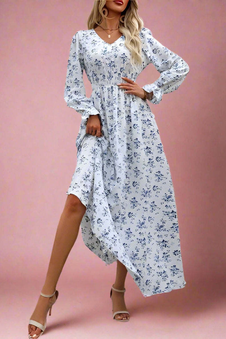 Anthea Blue and White Ditsy Rose Floral Print Bridal Tea-length Midi Dress with Long Bell Sleeves, Modest V-Neck, A-Line Silhouette, and Gathered Smocked Waist - Orange Blossom Bridal