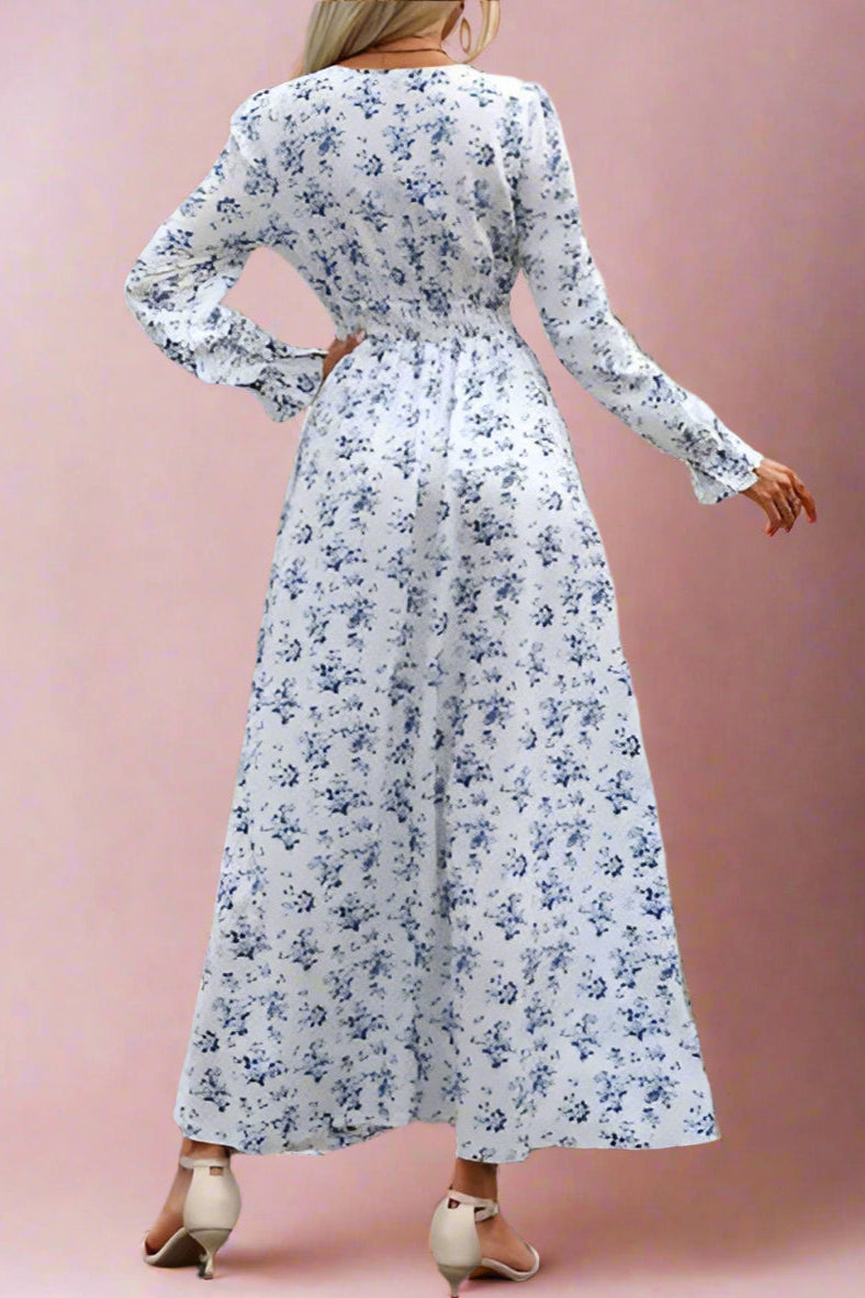 Anthea Blue and White Ditsy Rose Floral Print Bridal Tea-length Midi Dress with Long Bell Sleeves, A-Line Silhouette, and Gathered Smocked Waist- back view by Orange Blossom Bridal