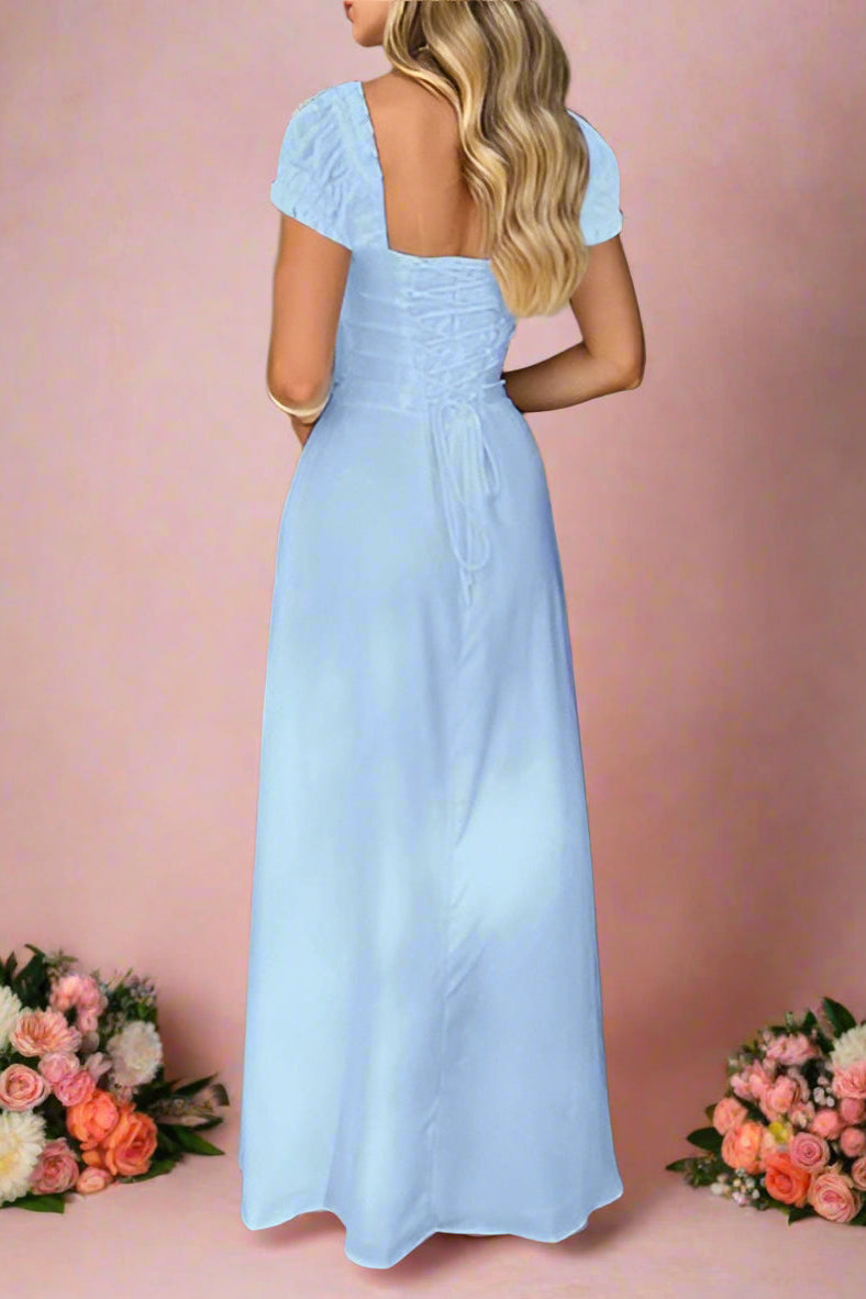 Aubrey Light Blue A-line Maxi Wedding Gown or Bridesmaid Dress with Lace-up Corset Style Back and Drop Waist and Short Puff Sleeves by Devine - Orange Blossom Bridal.