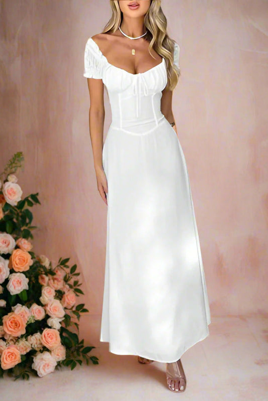 Aubrey White A-line Maxi Wedding Gown with Tied Bustier Style Sweetheart Neckline and Drop Basque Waist and Short Puff Sleeves by Devine - Orange Blossom Bridal.