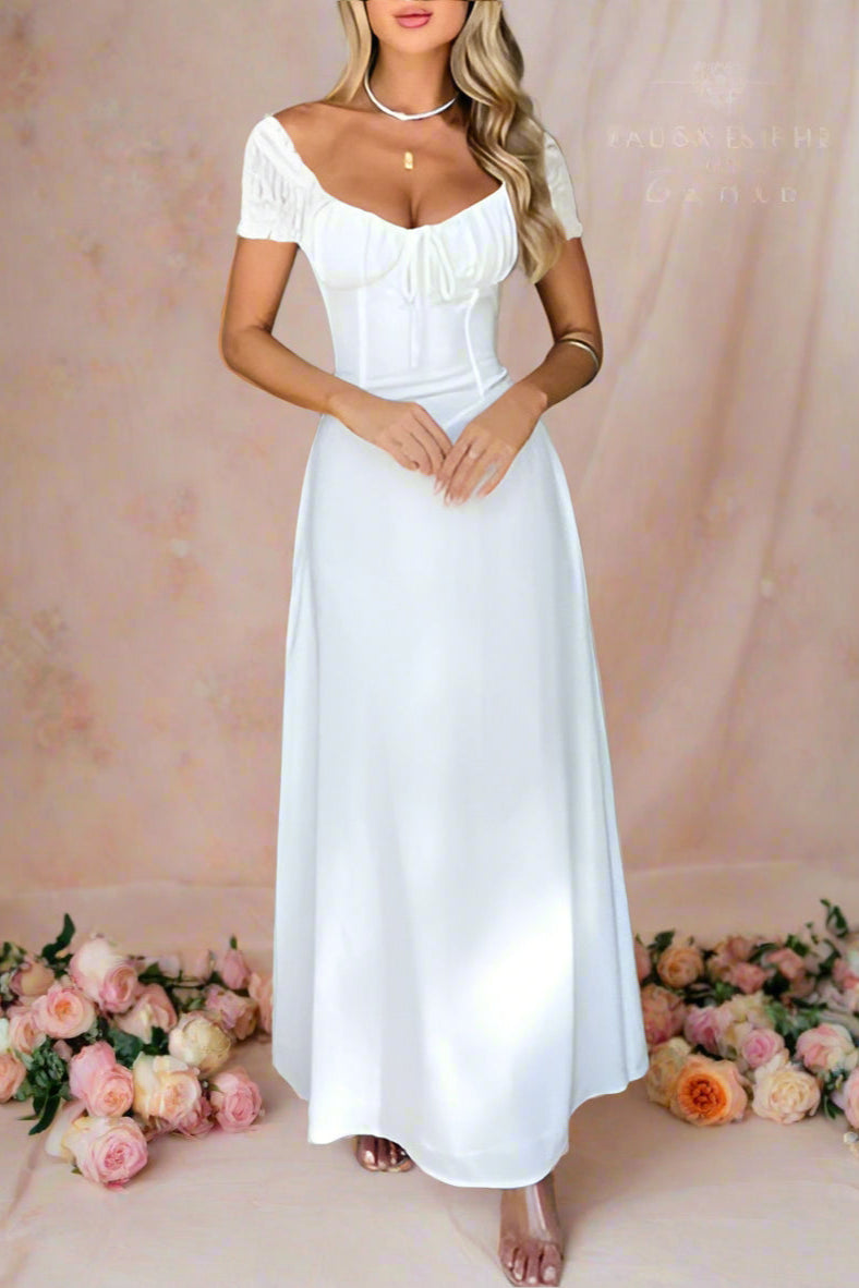 Aubrey White A-line Maxi Wedding Gown with Tied Bustier Style Sweetheart Neckline and Basque Waist and Short Puff Sleeves by Devine - Orange Blossom Bridal.