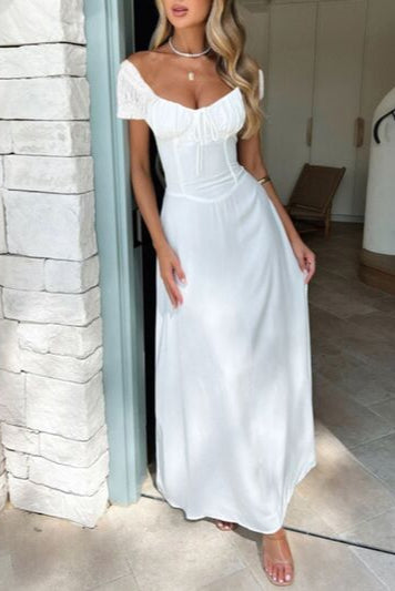 Aubrey White A-line Maxi Wedding Gown with Tied Bustier Style Sweetheart Neckline and Drop Basque Waist and Short Puff Sleeves by Devine - Orange Blossom Bridal.