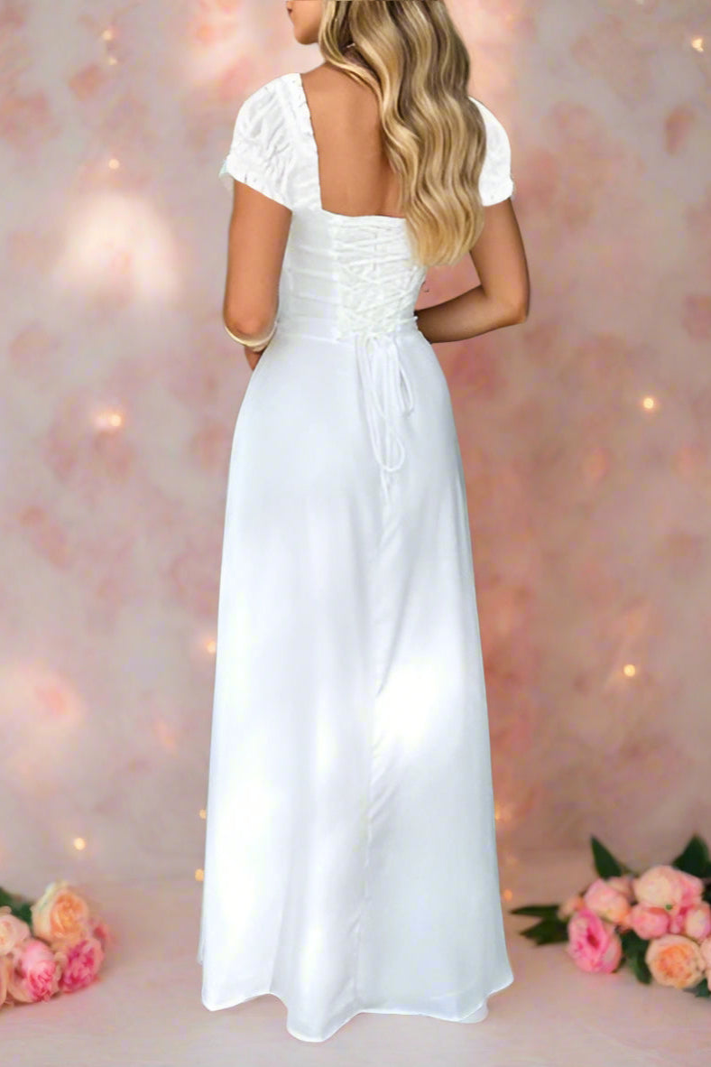 Aubrey White A-line Maxi Wedding Gown with Lace-up Corset Style Back and Drop Waist and Short Puff Sleeves by Devine - Orange Blossom Bridal.