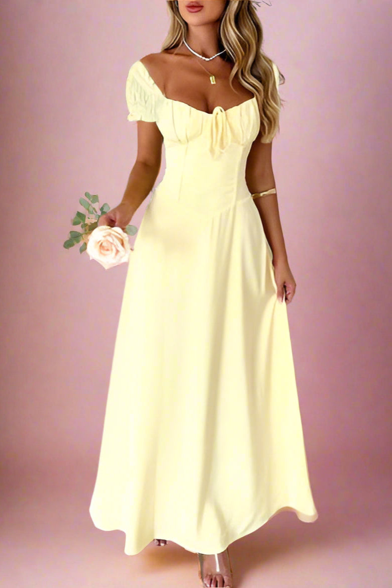Aubrey Light Yellow A-line Maxi Wedding Gown or Bridesmaid Dress with Tied Bustier Style Sweetheart Neckline and Drop Basque Waist and Short Puff Sleeves by Devine - Orange Blossom Bridal.